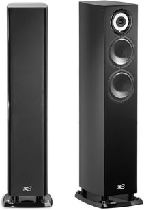 Cabasse Egéa 3 black lacquered column speaker, front and side view, rectangular glossy black cabinet, 3 round speakers