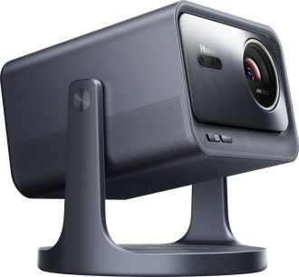 Hisense C2 Pro projector, three-quarter view, rectangular gray casing, circular lens, arc-shaped stand