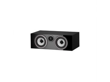 Centrālais skaļrunis Bowers & Wilkins HTM72 S3 melnā lakotā krāsā ar diviem gaiši pelēkiem skaļruņiem un centrālo augstfrekvenču skaļruni