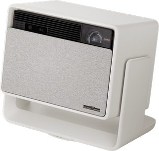 Videoproiettore XGIMI Horizon S Max, vista di tre quarti, corpo rettangolare bianco, lente a destra, griglia nera in alto