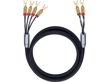 Reproduktorový kabel Oehlbach FusionFour bi-wiring 2 × 2 m v černém opletení, vidličkové konektory pozlacené s červenými a černými kroužky, válcové stříbrné rozdělovače, pohled shora