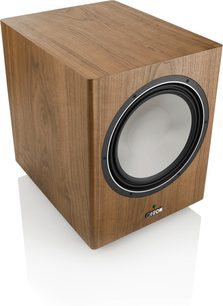 Canton Townus 12 Sub -pähkinäviimeistelty subwoofer, suuri harmaa pyöreä kaiutin, näkymä etuviistosta