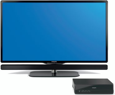 Philips 42PES0001H fladskærms-tv med levende blå skærm, rektangulær sort fod og sort set-top-boks, set forfra