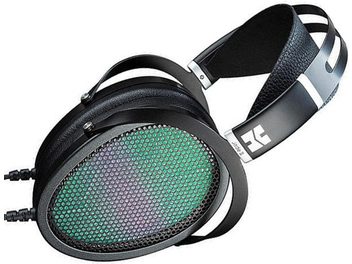 Åbent hi-fi hovedsæt Hifiman Jade II i sort og sølv, set fra venstre profil. Ovale gitterdækkede ørekopper i grøn og sort