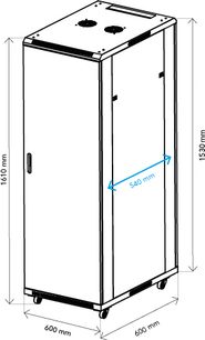 Audiovisuele rack Norstone Pro Rack 32U rechthoekig met voordeur, wieltjes, twee ronde openingen aan de bovenkant, aangegeven afmetingen.