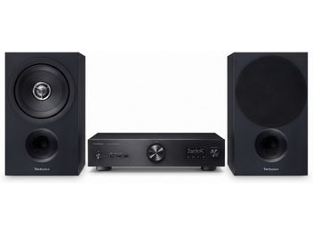 Equipo de alta fidelidad Technics negro con amplificador central y dos altavoces, uno con rejilla y otro sin rejilla
