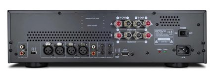 Matt svart bakpanel i metall på en lydforsterker, sett bakfra, med seks røde og svarte høyttalerterminaler, fire XLR-innganger, flere RCA-kontakter, en USB-port for oppdatering, et perforert ventilasjonsgitter og en strømbryter