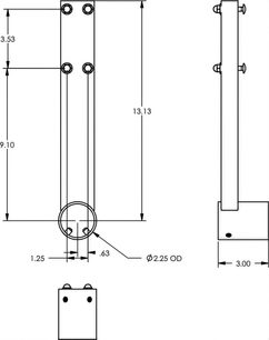 Support pour vidéo-projecteur Chief LCDPA en vue technique avec dimensions, trous de fixation et détails cylindriques
