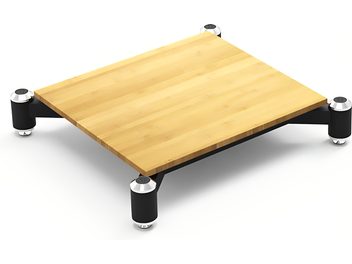 Prostokątna półka bambusowa na czarnych cylindrycznych nogach, widok z góry pod lekkim kątem, Norstone Design Spider base bamboo