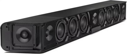 Barra audio Sennheiser AMBEO Soundbar Max nera, vista frontale, con diversi altoparlanti circolari visibili
