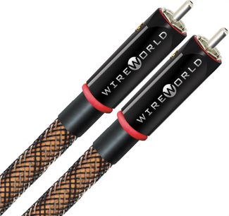 Αναλογικό καλώδιο ήχου RCA Wireworld Eclipse 10 RCA 1m με κυλινδρικούς μαύρους συνδέσμους, κόκκινους δακτυλίους, πλεκτό μαύρο περίβλημα και χαλκό.