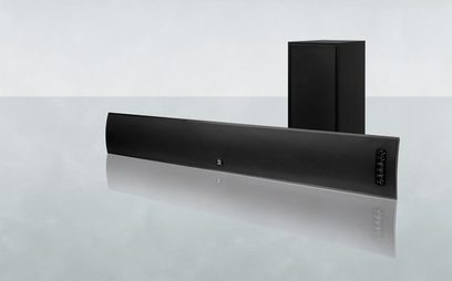 Boston Acoustics TVee Model 30 sort subwoofer set forfra, højttaleren er usynlig bag det sorte gitter