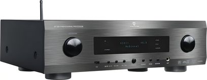 Tonewinner AT-200 sort hjemmebio-forforstærker, front i børstet aluminium med centreret display og to store drejeknapper