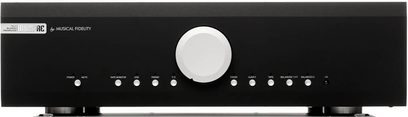 Musical Fidelity M6s PRE sort stereo forforstærker med hvidt cirkulært centerknap og 10 knapper på linje nederst