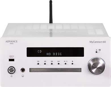 Kompakt højfidelt Advance Paris MyConnect 60-system i hvid, set forfra, viser "NO DISC", USB-port, volumenkontrolknap