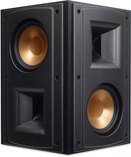 Sorte Klipsch RF-82CH gulvhøjttalere, set forfra, to runde forgyldte højttalere på hver højttaler
