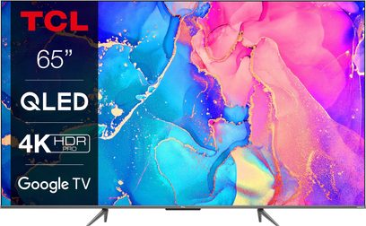 TCL 65QLED 4K HDR Pro Google TV, flad rektangulær skærm, smal sort ramme, dobbelt sølvfarvet fod, tændt