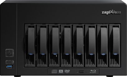 Zappiti NAS 8N RIP netværksaudioafspiller i sort, set forfra, 8 drevbåse til harddiske, USB-porte og Blu-ray-drev