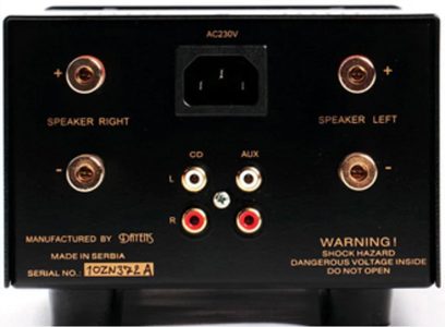 Dayens Ampino sort integreret hi-fi stereoforstærker, set forfra, med nærbillede af audio-stik og justeringer