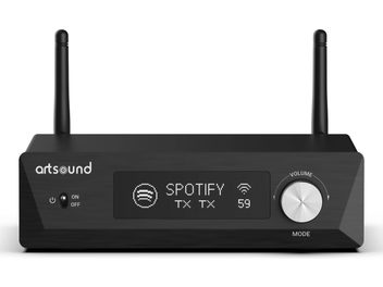 Hi-fi stereo forsterker ArtSound Smart Evo, sett forfra, 2 vertikale antenner, av/på-knapp, skjerm som viser "SPOTIFY", sølvfarget volumknapp