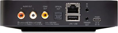 Netværkslydafspiller NODE NANO, bagsidevisning, RCA-lydforbindelser, koaksial udgang, optisk udgang, LAN/USB-porte, IR-indgang, trigger-udgang, USB-C strømforsyning