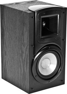 Klipsch Synergy B-20 reolhøjttaler i mørkt træ set fra 3/4 forfra, sort højttaler, diskantdome