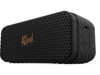 Głośnik bezprzewodowy Bluetooth Klipsch Nashville, widok z przodu, perforowana czarna maskownica, złote logo, zaokrąglony kształt prostokątny, czarna faktura materiału