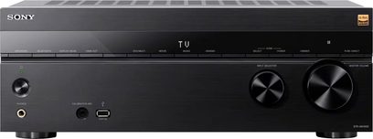 Sony TA-AN1000 namų kino stiprintuvas, vaizdas iš priekio, juoda apdaila, apvalūs mygtukai, ausinių ir USB jungtys, centrinis ekranas