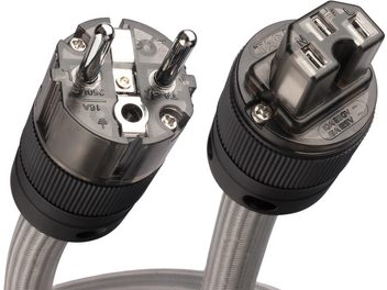 Netvoedingskabel Taga Harmony STPC-TS 1m, close-up, mannelijke en vrouwelijke connectoren, zilverkleurige afwerking