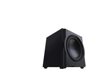 Cassa subwoofer Perlisten R15s, vista angolare, scocca nera, altoparlante circolare, superficie liscia, piedini visibili