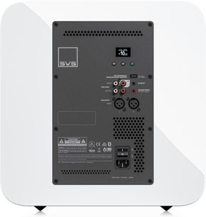 Subwoofer SVS SB-3000 R|Evolution blanco lacado vista trasera con panel negro RCA XLR pantalla de volumen y toma de corriente