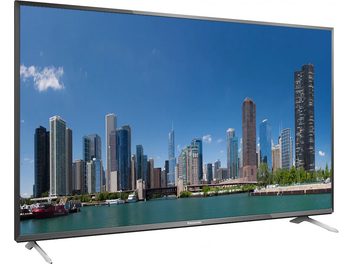 Panasonic TX-65CX700 television displaying a panoramic view of a modern waterfront city