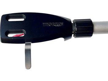 Thorens TD 124 DD-403 DD-1500 musta värvi helipea hoidik graveeritud logoga, kahe ristkülikukujulise pilu ja hõbedase metallvarrega