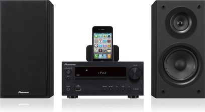 Sort Pioneer X-HM20 hi-fi minianlæg bestående af en CD/MP3/iPhone-afspiller, en forstærker og to højttalere