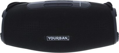 Přenosný reproduktor Yourban Getone 45, pohled shora, válcový tvar, černá látka, šedé ovládací tlačítka, logo Yourban