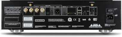 NAD M50.2 sort CD-afspiller, bagside, analoge og digitale tilslutninger, display, kontrolknapper og tænd/sluk-knap