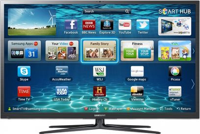 Samsung PS64E8000ZF fladskærms-tv, set forfra, der viser en brugergrænseflade med applikationsikoner