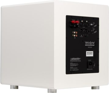Velodyne VI-Q 12 witte subwoofer, achteraanzicht met zwart aansluitpaneel en zilverkleurige pootjes