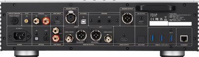 Netzwerk-Audioplayer Rose RS151 schwarz, Rückansicht, koaxiale, optische, analoge Anschlüsse, USB, Ethernet, HDMI, Stromversorgung