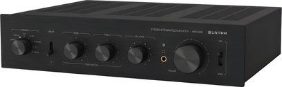 Ampli hi-fi stereo Unitra WSH-605 sort, børstet metal, 3/4 forfra, stor volumenknap, hovedtelefonudgang, grill på toppen