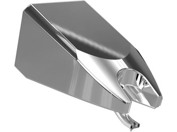 Diamant pro gramofonovou hlavici Ortofon Stylus Century, perspektivní pohled, stříbrný povrch, úhlový tvar, viditelná špička