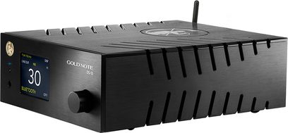 Gold Note DS-10 sort netværksaudioafspiller, frontvisning, 8 trykknapper, LCD-skærm, Wi-Fi-antenne, aluminiumskabinet