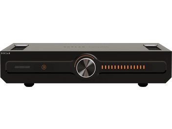 Amplificator hi-fi integrat stereo Roksan CASPIAN 4G streaming negru, vedere frontală, carcasă dreptunghiulară, buton central circular argintiu, indicatoare luminoase portocalii, picioare vizibile dedesubt