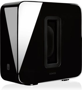 Sonos SUB sort lakeret baskabin, set forfra, med afrundet rektangulær form, blank overflade og centralt placeret basrefleksport