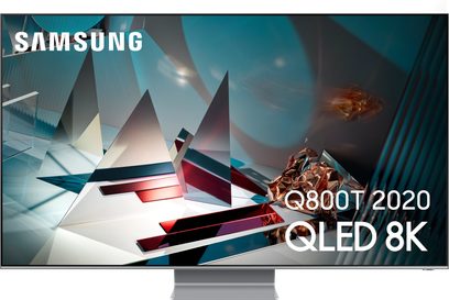 Samsung QE55Q800T QLED 8K-fladskærms-TV, rektangulært fladskærmsdesign, smal ramme, geometriske farveformer reflekteret på skærmen