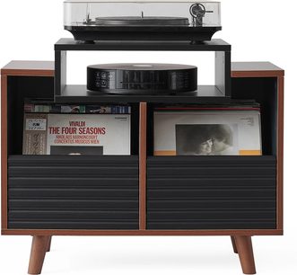 Oslo 800 wooden furniture with angled legs, top shelf featuring a turntable, central shelf with an amplifier, lower compartments holding vinyl records, textured black fronts