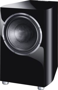 Heco Celan Revolution Sub 32 A subwoofer i sort lak, rund højttaler, metalgitter, 4 fødder