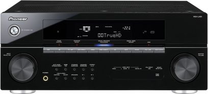 Pioneer VSX-LX51 sort hjemmebiografsforstærker, set forfra, blåt digitalt display, sølvfarvede knapper og drejeknapper