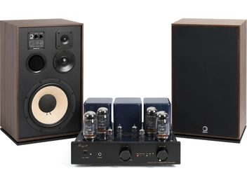 Sistema hi-fi Elipson con amplificatore valvolare nero e coppia di diffusori da scaffale effetto noce, uno con griglia nera