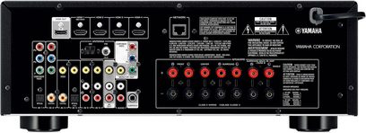 Yamaha RX-V573 sort hjemmebiografsforstærker, bagside, audio/video-tilslutninger, RCA-stik, HDMI, FM-antenne, Ethernet